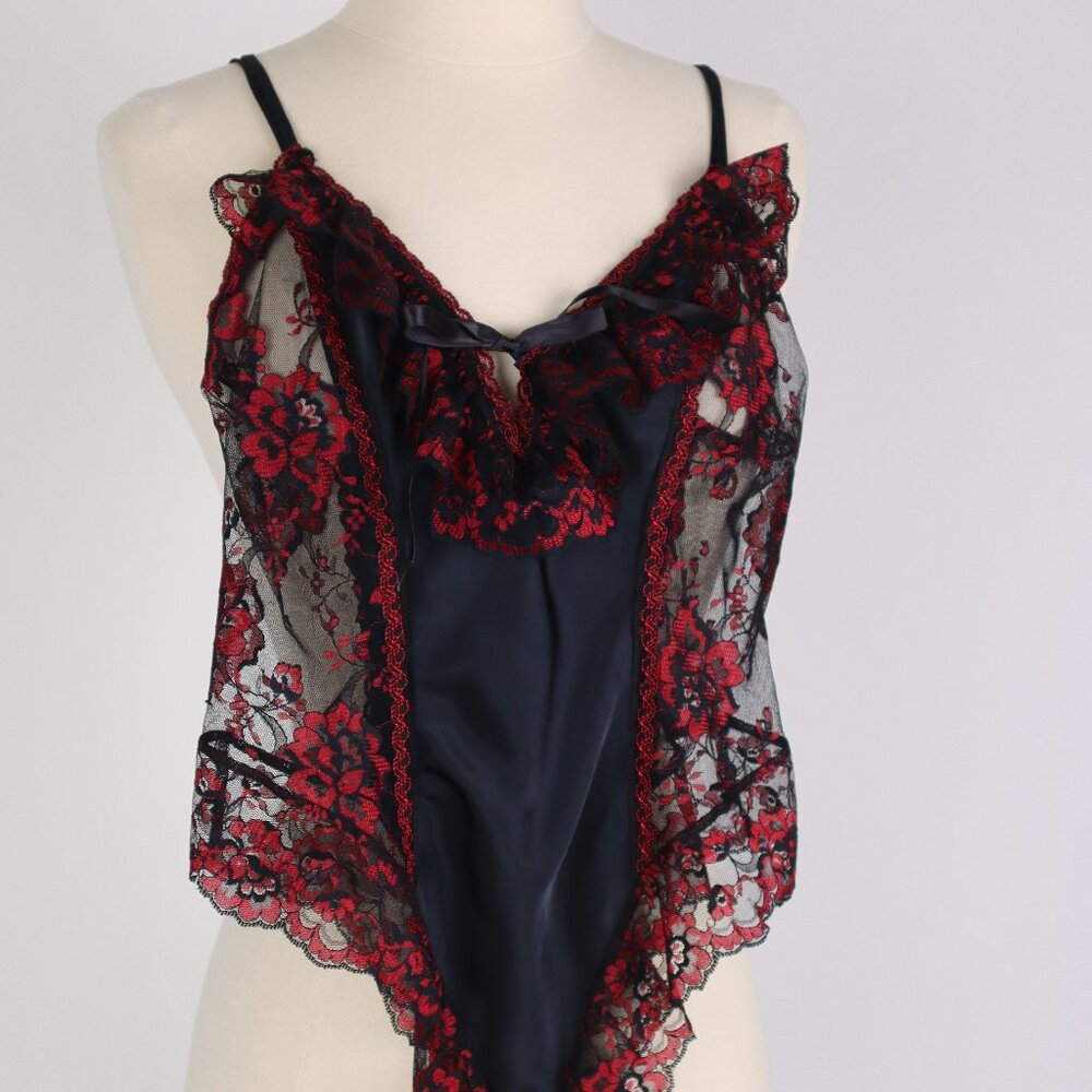 Vtg Shirley Red Black Lace Bodysuit Lingerie Nightgown Babydoll Bodysuit Sexy C